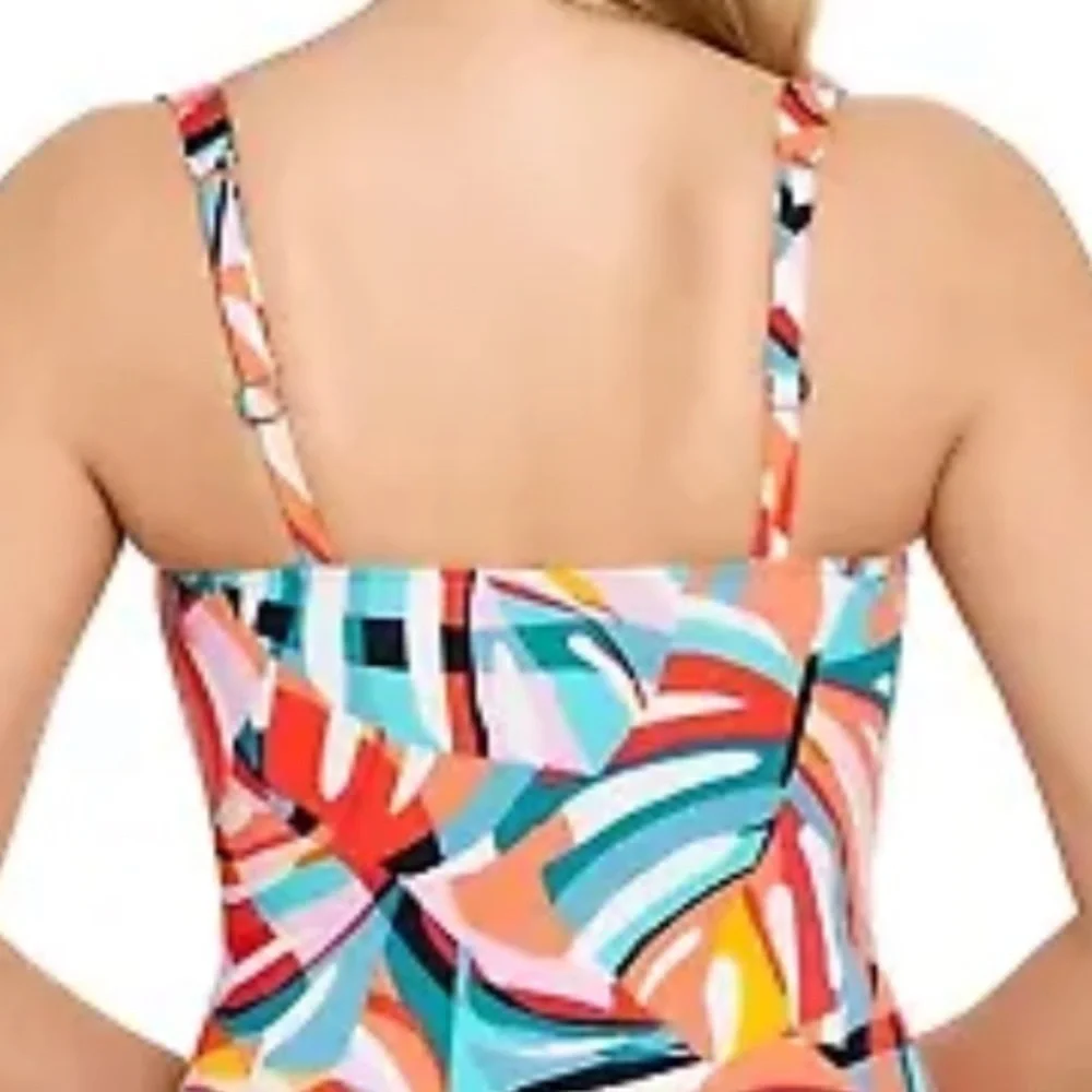 Swim Solutions Palm Art Shirred Tummy-Control One-Piece Swimsuit - Picture 4 of 10